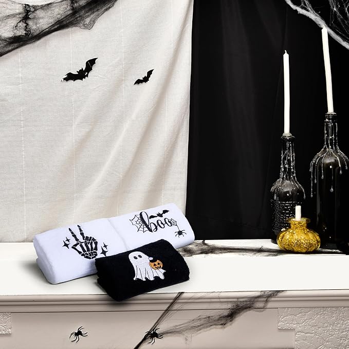 3 Pcs Halloween Hand Towels for Bathroom, Boo Ghost Black White Embroidered - Image 6