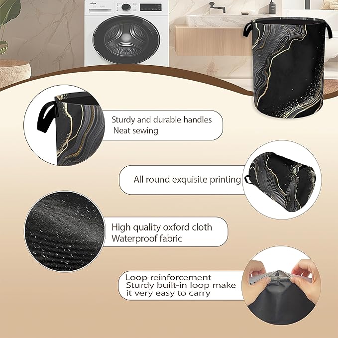Black Gold Marble Laundry Basket, Modern Clothes Hamper, Oxford Cloth - Image 5