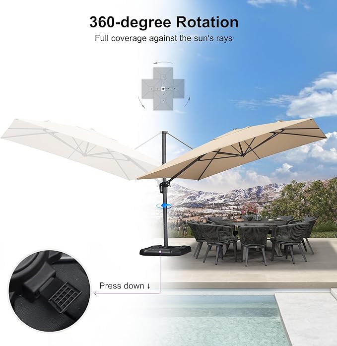 PURPLE LEAF 11.5' X 11.5' Telescopic Patio Umbrella with Base Included Lifting Cantilever Offset Square Large Umbrella for Pool Outdoor Patio Deck Garden Beige - Image 6