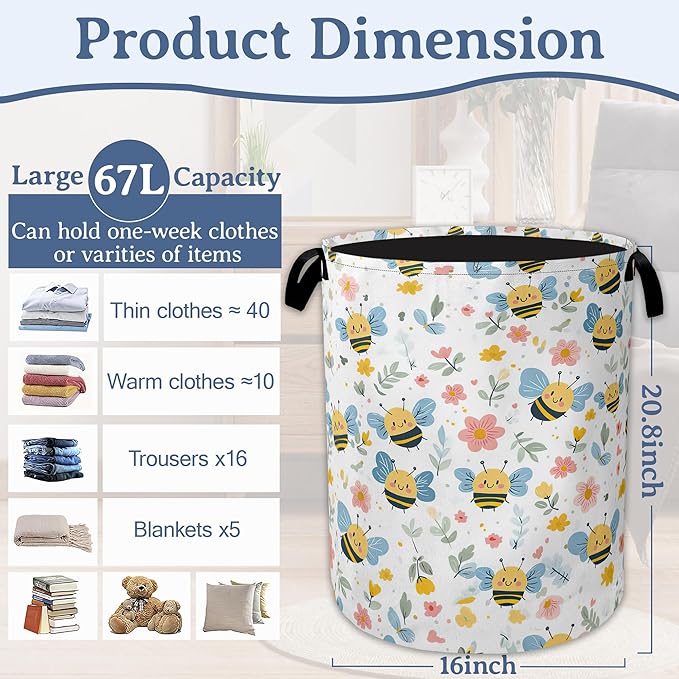 Cute Bee Laundry Basket, Foldable Oxford Cloth Pink Flowers Laundry Hamper - Image 2