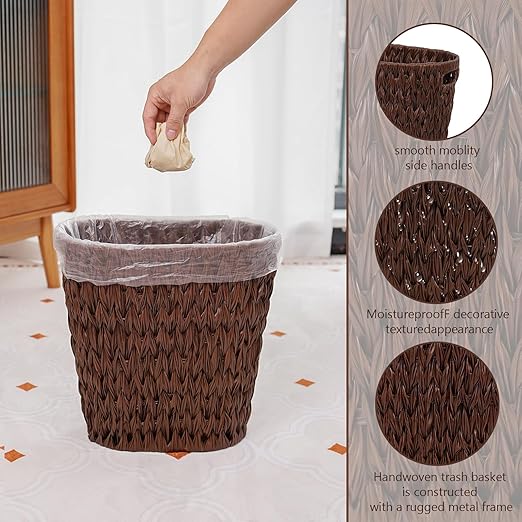 Wicker Trash Can, Waterproof Bathroom Waste Basket, Plastic Wicker Woven Waste - Image 5