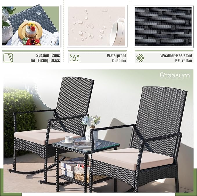 Greesum 3 Pieces Patio Furniture Set Outdoor Wicker Rocking Chairs with Glass Coffee Table for Garden Backyard Porch Poolside, Beige - Image 7