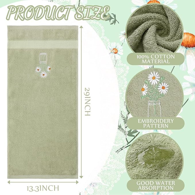 2 Pcs Daisy Flower Hand Towels Gray Green Bathroom Decor 14x29 Inch Embroidered - Image 2
