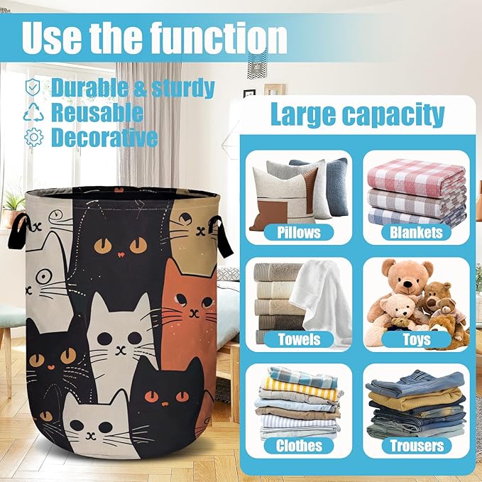 Watercolor Funny Cat Laundry Basket, Laundry Hamper Collapsible Oxford Cloth - Image 3