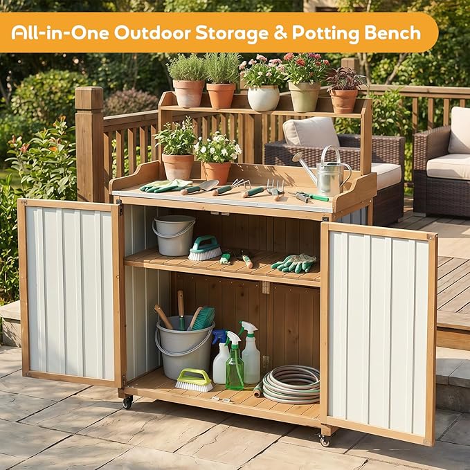 Potting Bench Table & Outdoor Storage Cabinet with Lockable Wheels, Adjustable Shelves, Mobile Waterproof Metal Top Workstation for Garden Patio BBQ Organization, Magnetic Latch & Edge Guard - Image 3