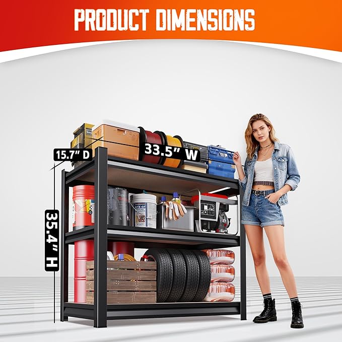 Garage Shelving,3 Tier Garage Storage Shelves,Adjustable Heavy Duty Metal Shelving Units and Storage Large Rack,Utility Steel Shelf For Shop Warehouse Industrial Pantry Basement Organizers 33"x35"x16" - Image 5