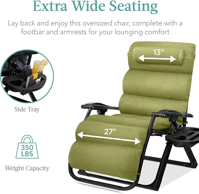 Best Choice Products Oversized Zero Gravity Chair, Folding Outdoor Patio Recliner, XL Anti Gravity Lounger w/Removable Cushion, Cup Holder, Side Tray, 350lb Capacity - Lime Green - Image 5