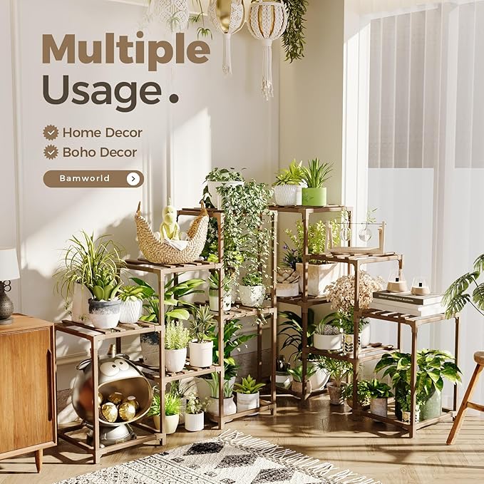 Bamworld 2 Sets of Package Plant Stands Indoor Wood Plant Shelf Outdoor Tiered Plant Rack for Multiple Plants Ladder Plant Holder Plant Table for Plant Pots Boho Home Decor for Gardening Gifts - Image 3