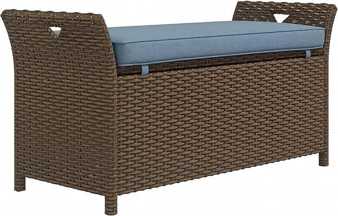 Outsunny 29 Gallon Patio Wicker Storage Bench, Outdoor PE Rattan Patio Furniture, 2-in-1 Large Capacity Rectangle Garden Storage Box with Handles and Cushion, Dark Blue by Outsunny