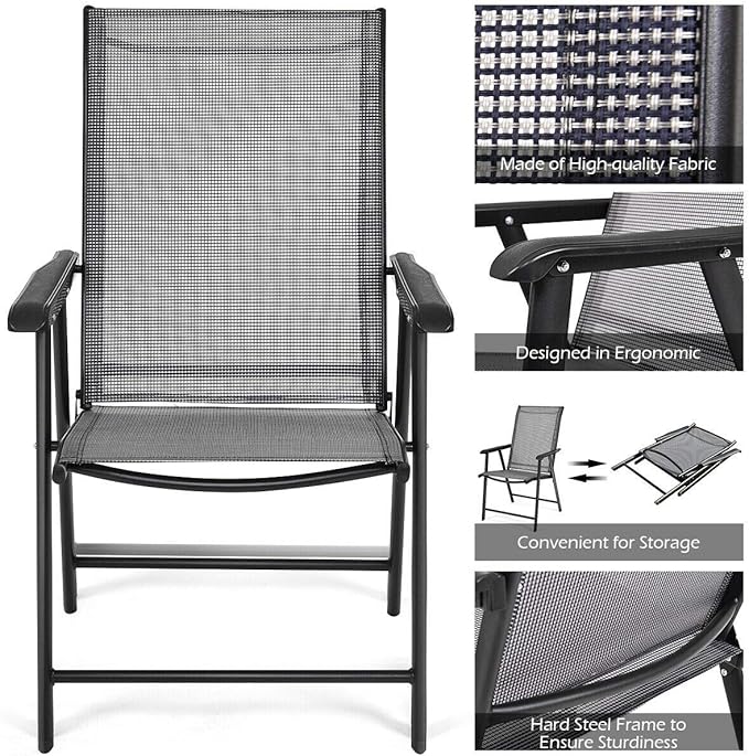 Giantex Set of 2 Patio Folding Chairs, Outdoor Chairs with Armrest, Portable Dining Chairs for Porch Camping Pool Beach Deck Lawn Garden, 2-Pack Patio Sling Chairs, Metal Frame, Grey - Image 5