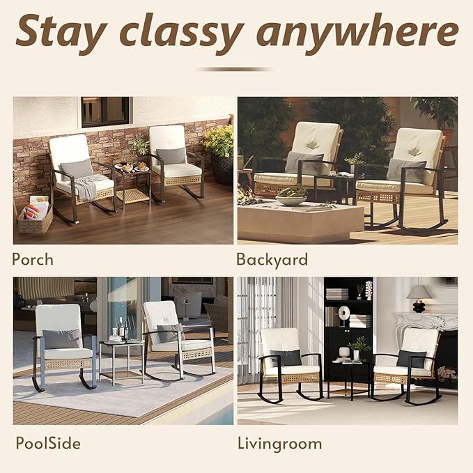 3 Piece Patio Rocking Chairs Set of 2, Outdoor Rocking Chair Bistro Set with Tempered Glass Coffee Table and Thick Lumbar Pillow Set, Front Porch Chairs for Garden, Backyard (Basic) - Image 7