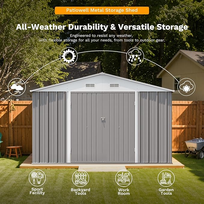 Patiowell 10 x 12 FT Metal Storage Shed for Outdoor with Floor Frame, Steel Yard Shed with Design of Lockable Doors, Utility and Tool Storage for Garden, Backyard, Patio, Outside use, Grey - Image 5