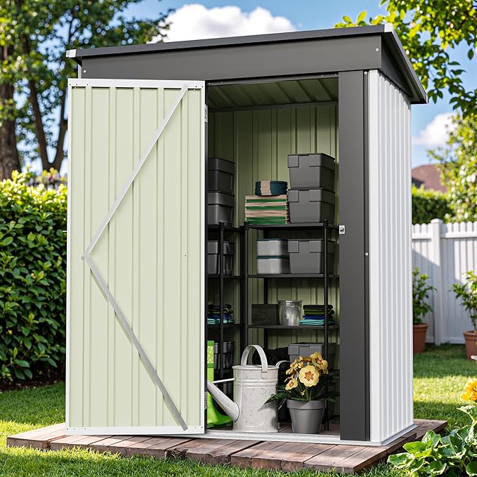 Patiowell 5x3 FT Outdoor Storage Shed, Garden Tool Shed with Sloping Roof and Lockable Door, Metal Shed for Backyard Garden Patio Lawn, White - Image 7