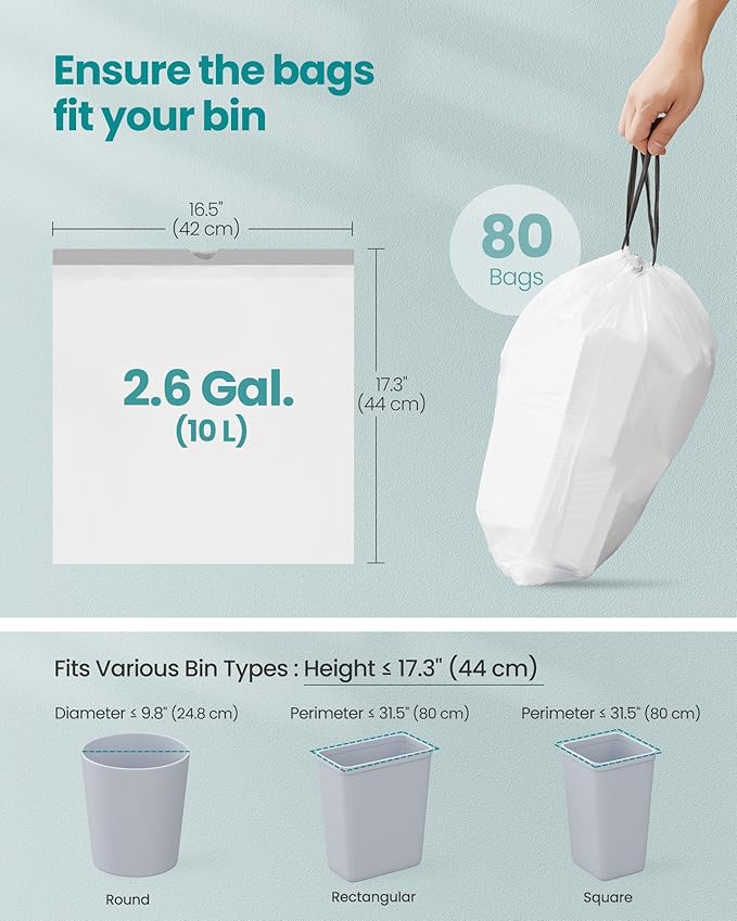 SONGMICS Trash Bags for 2.6-Gallon Trash Cans, Drawstring Kitchen Garbage Bags - Image 6
