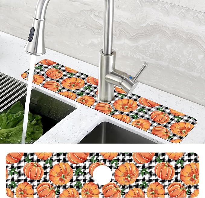 Thanksgiving Pumpkin Kitchen Sink Splash Guard Mat Buffalo Plaid Absorbent Fast - Image 4