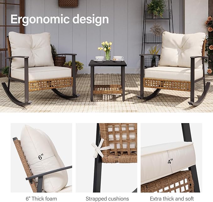 LAUSAINT HOME 3-Piece Rocking Bistro Set, Outdoor Patio Furniture with Thick Cushions and 2-Tier Coffee Table, Oversize Rattan Conversation Set for Garden, Balcony, Backyard (Beige) - Image 3