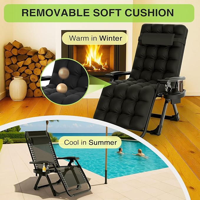 Suteck Zero Gravity Chair, Reclining Camping Lounge Chair w/Removable Cushion, Upgraded Lock and Cup Holder, Reclining Patio Chairs Folding Recliner for Indoor and Outdoor - Image 5