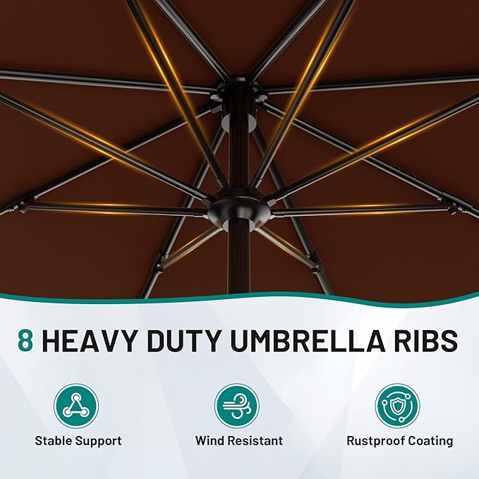 AreShark 9 FT Patio Umbrella for Outdoor, Outdoor Table Umbrella with Push Button Tilt and Crank, Outdoor Patio Umbrellas with 8 Sturdy Ribs for Market, Garden, Pool (Brown) - Image 3