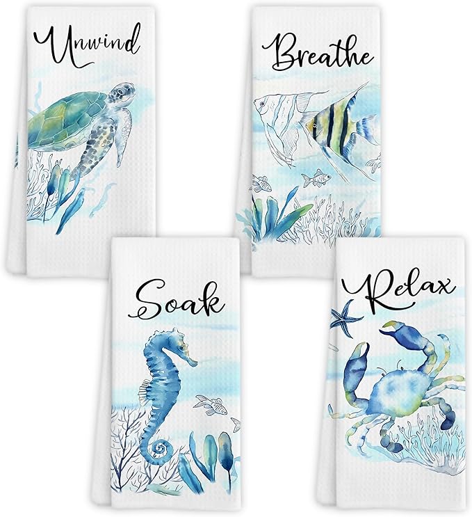 Watercolor Coastal Beach Hand Towels, Sea Horse Turtle Fish Crab Unwind Breathe by Unknown