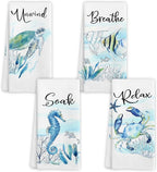 Watercolor Coastal Beach Hand Towels, Sea Horse Turtle Fish Crab Unwind Breathe by Unknown