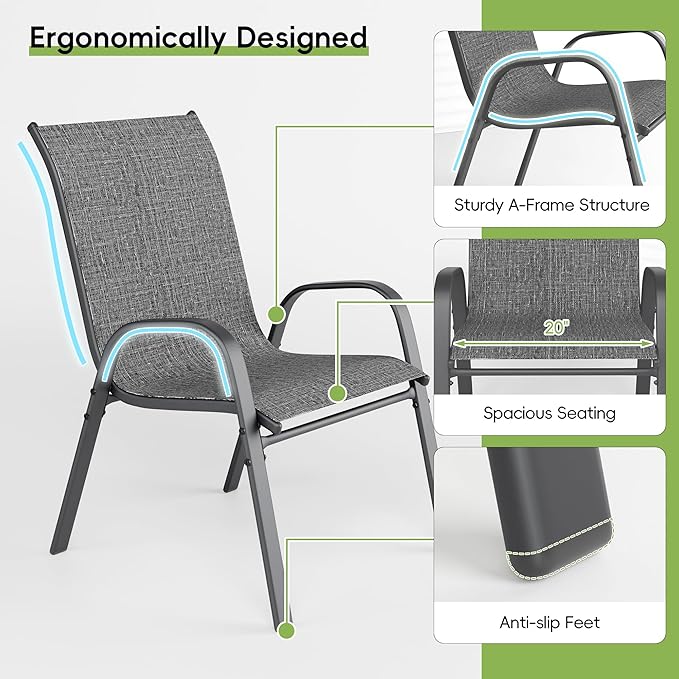 Patio Chairs Set of 2, Outdoor Dining Chairs Stackable for All Weather, Breathable Metal Modern Outside Furniture Chair for Pool Side, Garden, Backyard Deck, Dark Grey - Image 6