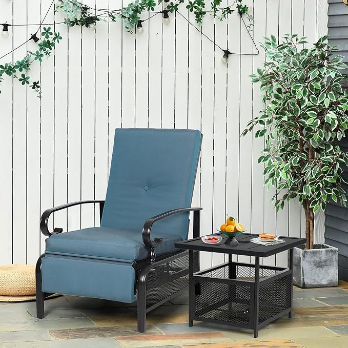 Oakcloud Adjustable Outdoor Lounge Chair Metal Patio Relaxing Recliner Chair Set with Bistro Table and Removable Cushions(Peacock Blue) - Image 2