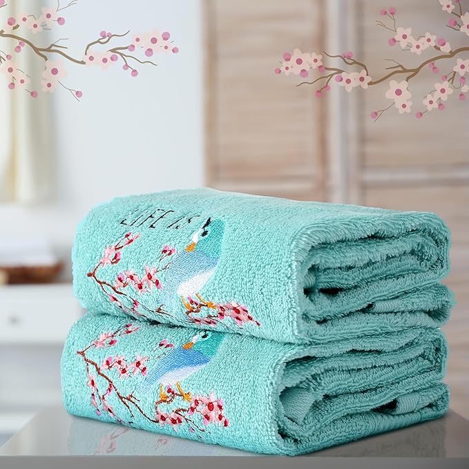 2 Pcs Bird Hand Towels Mint Green Bathroom Decor 14x29 Inch Embroidered 100% - Image 5