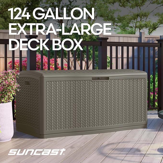 Suncast Extra Large Deck Box - 124 Gallon Resin Outdoor Storage Box with Lockable Lid for Outdoor Cushion Storage, Toys, & Garden Gear, Stoney Grey Wicker Bin for Patio, Porch, Pool, & Yard - Image 3