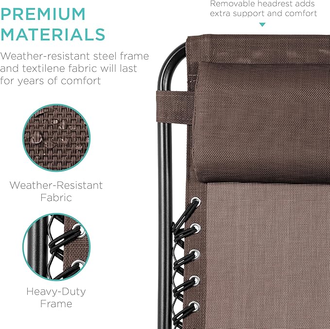 Best Choice Products Set of 2 Adjustable Steel Mesh Zero Gravity Lounge Chair Recliners w/Pillows and Cup Holder Trays - Brown - Image 7