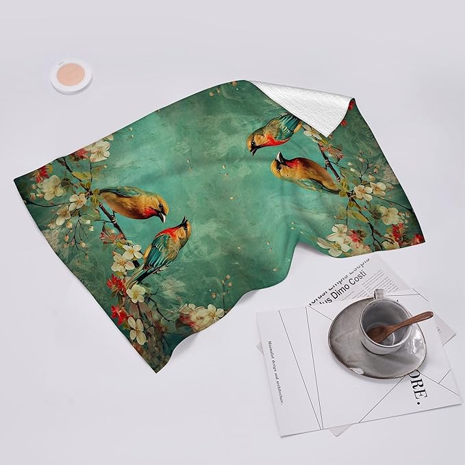 Cute Birds Kitchen Towels Decorative Set of 2, Absorbent Dish Towels Green Tea - Image 6