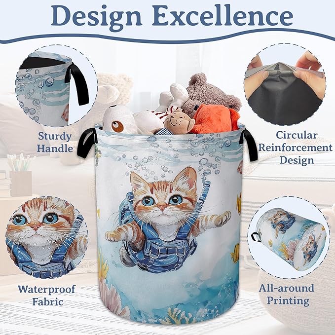 Cute Cat Laundry Basket, Foldable Oxford Cloth Sea Turtle Fish Coral Laundry - Image 4