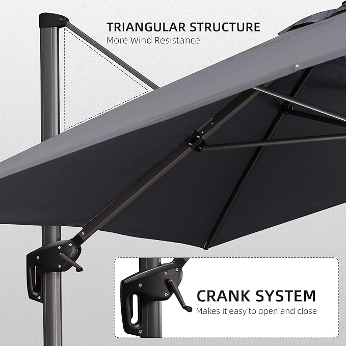 PURPLE LEAF 10' X 13' Patio Umbrella with Base Outdoor Cantilever Rectangle Offset Umbrella with 360-degree Rotation for Garden Deck Pool Patio Grey - Image 7