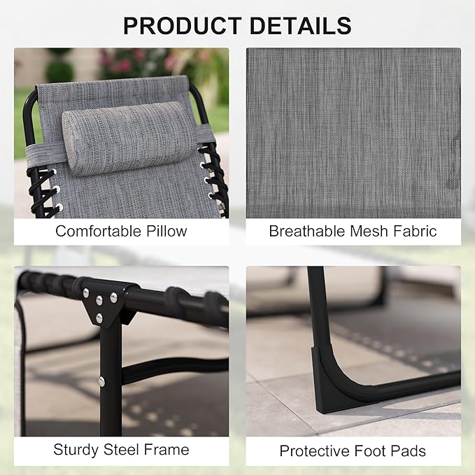 Outsunny Chaise Lounge Chair Outdoor, 5-Position Adjustable Sun Tanning Chair with Carrying Handle and Side Pocket, Folding Bed Cot with Removable Pillow for Garden, Beach, Patio, Pool, Camp, Gray - Image 5