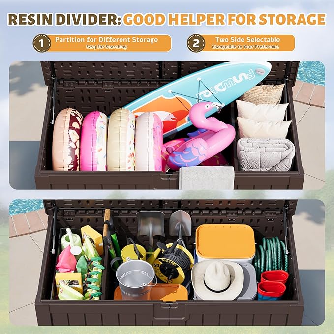 Flamaker Resin Deck Box 250 Gallon, Waterproof Imitation-Wood Lockable Storage Box with Separator Plate Outdoor Indoor, Garden, Patio Furniture for Tools&Pool Accessories (Deep Brown) - Image 5