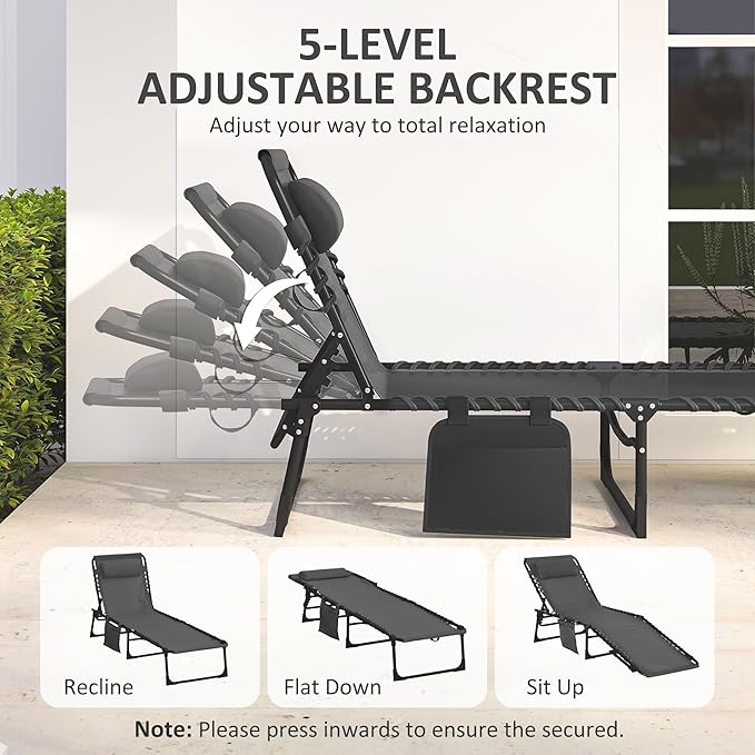 Outsunny Chaise Lounge Chair Outdoor, 5-Position Adjustable Sun Tanning Chair with Carrying Handle and Side Pocket, Folding Bed Cot with Removable Pillow for Garden, Beach, Patio, Pool, Camp, Black - Image 4