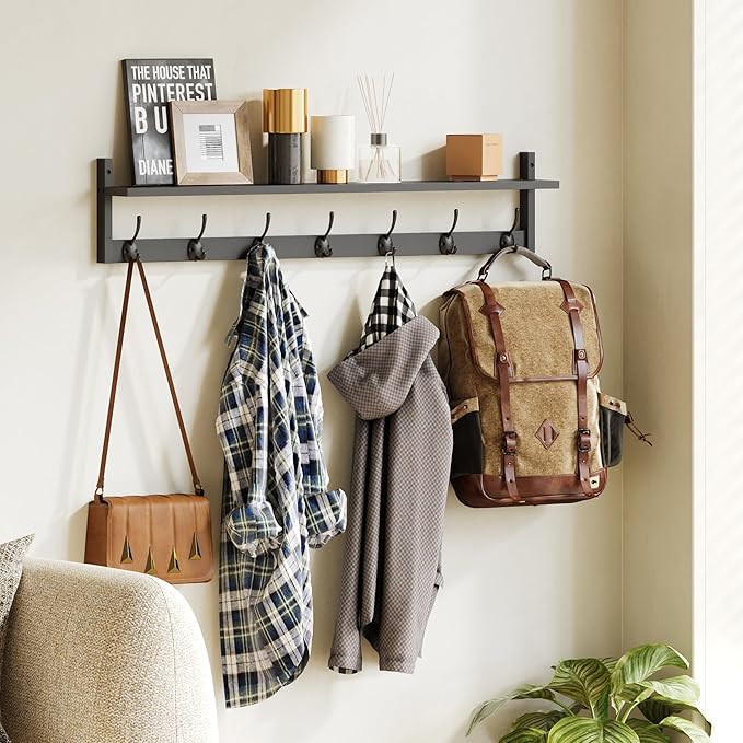 BAMEOS Wall Hooks with Shelf 35 Inch Length Entryway Hanging Shelf Wood Coat - Image 5