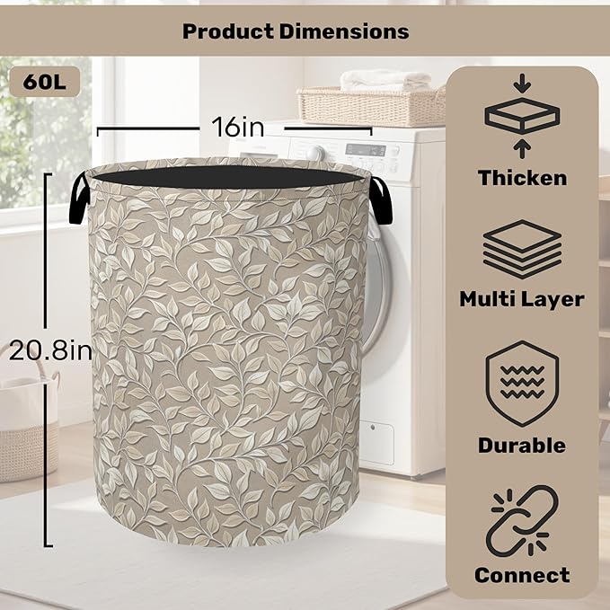 Beige Leaves Modern Laundry Basket - Image 2