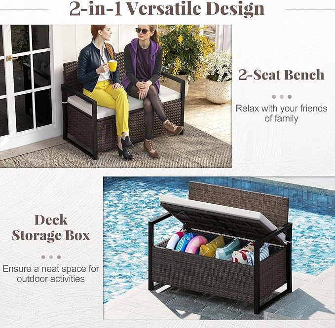 RELAX4LIFE Wicker Outdoor Bench with Storage - Rattan Deck Box w/Protective Liner for Pillows, Pool Supplies, Garden Tools, Patio Loveseat with Seat Cushion & Metal Armrests for Backyard Porch Balcony - Image 4