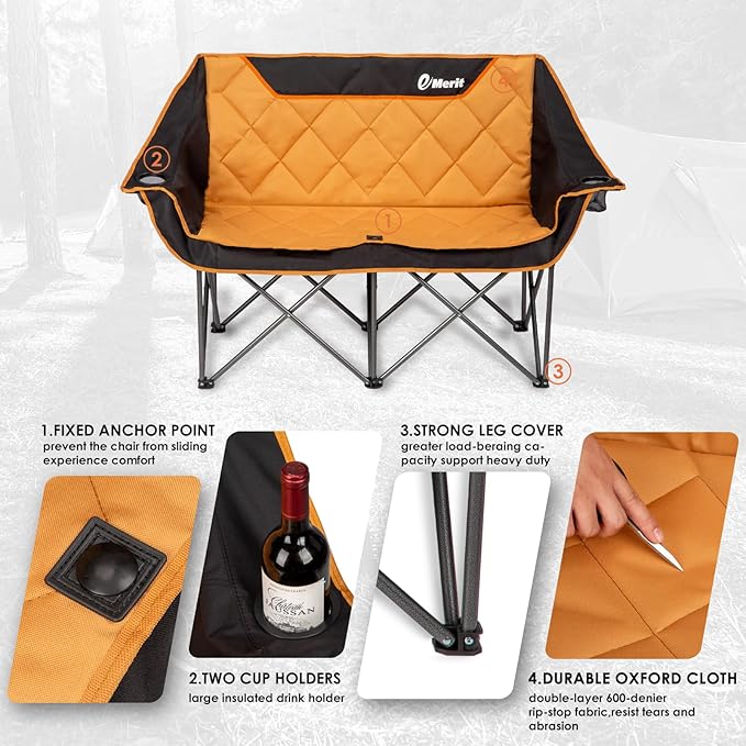 EMERIT Oversized Double Duo Camping Chair Folding Camping Loveseat 2 Person Camping Couch Heavy Duty Lawn Chairs for Outside with Padded Seats & Armrests-Support 650LBS - Image 3