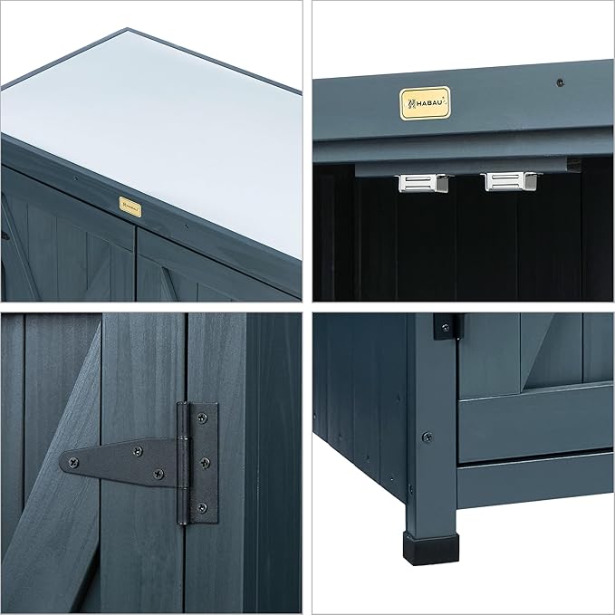 HABAU Outdoor Storage Cabinets Weatherproof for Patio, Garden Work Bench with Shelves & Metal Tabletop, Wooden Potting Table Workstation - Image 5