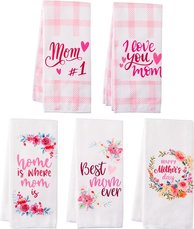 R HORSE 5Pcs Best Mom Kitchen Dish Towel Set Mother Pink Floral Absorbent by RHORSE