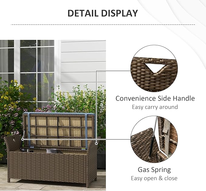 Outsunny 29 Gallon Patio Wicker Storage Bench, Outdoor PE Rattan Patio Furniture, 2-in-1 Large Capacity Rectangle Garden Storage Box with Handles and Cushion, Dark Blue - Image 7