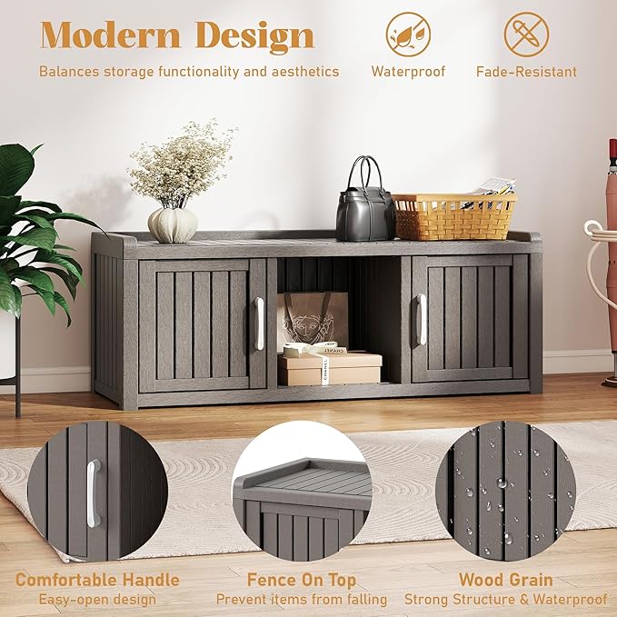 2-Tier Storage Bench, Waterproof UV-Resistant Outdoor Shoe Storage Cabinet with 2 Doors & Adjustable Shelves for Indoor Outdoor Entryway, Hallway, Living Room(Grey) - Image 4