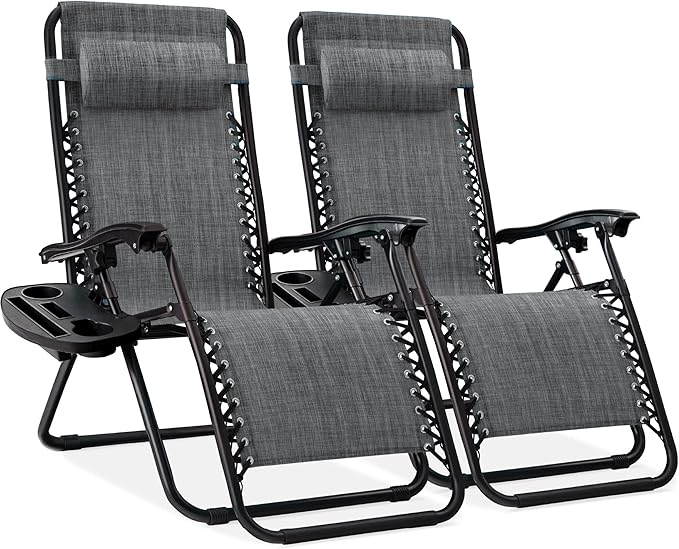 Best Choice Products Set of 2 Adjustable Steel Mesh Zero Gravity Lounge Chair Recliners w/Pillows and Cup Holder Trays - Gray by BestChoiceProducts