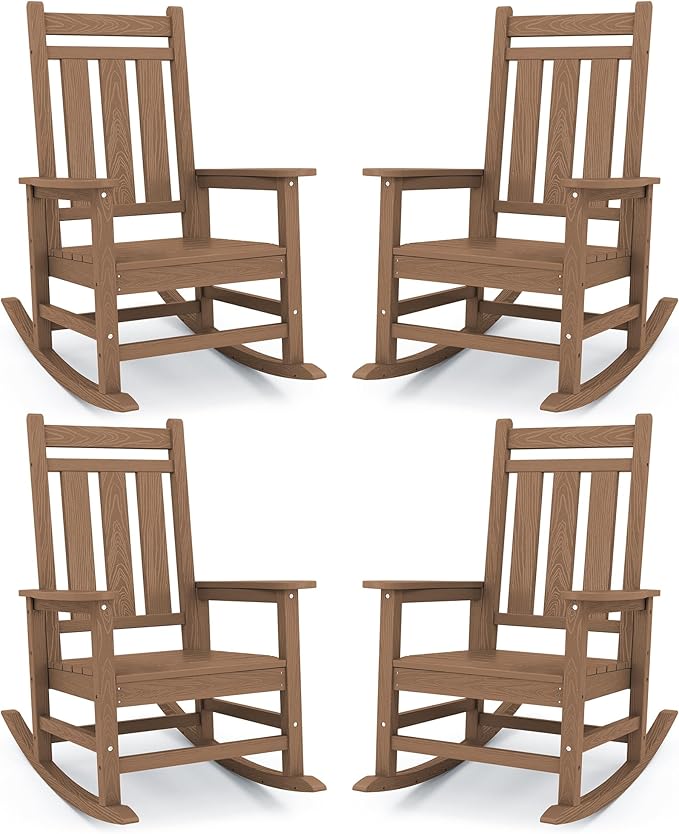 KINGYES Oversized Outdoor Rocking Chair Set of 4, All-Weather Patio Rocking Chairs for Porch, HDPE Outdoor Patio Rockers with High Back & Wide Seat for Garden, Lawn, Brown by KINGYES