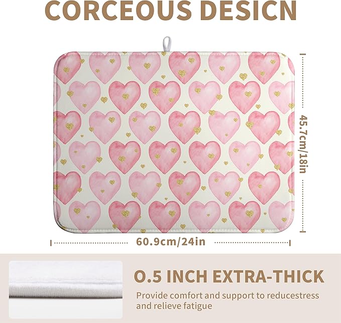 Valentines Dish Drying Mat Valentine Dishes Drying Pad Pink Golden Heart Love - Image 5