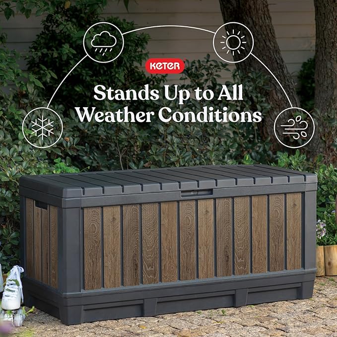 Keter Signature Collection 92 Gallon Resin Deck Box Organization and Storage Box for Patio Outdoor Cushions, Throw Pillows, Garden Tools and Pool Supplies, Walnut - Image 3