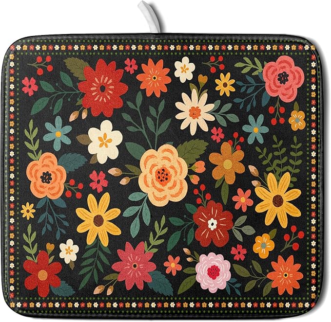 Boho Floral Dish Drying Mat 16x18 Inch Colorful Flower Dishes Dry Mats by Giwawa