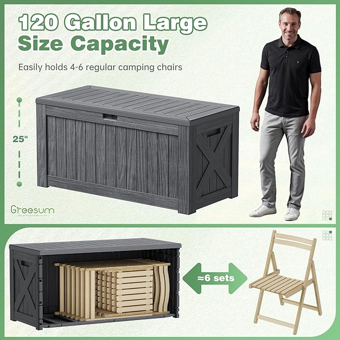 Greesum Outdoor Storage Box 120 Gallon Storage Bin with Lid for Patio Furniture, Garden Tools, Pool Supplies, Lockable, Waterproof and UV Resistant, Gray - Image 5