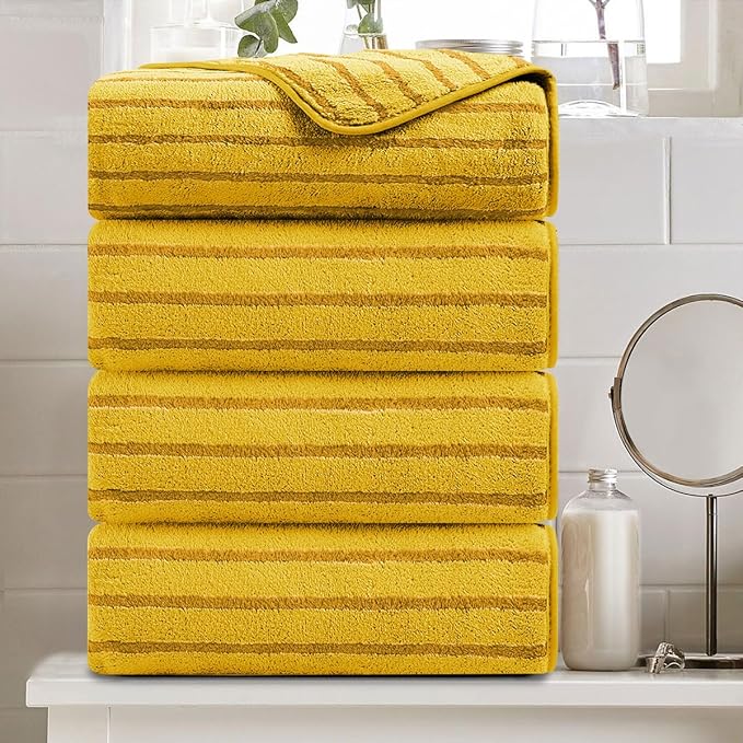 4 Pcs Yellow Cabana Stripe Large Bath Towels 35"x70" Oversized Bath Sheet Super by Oliven